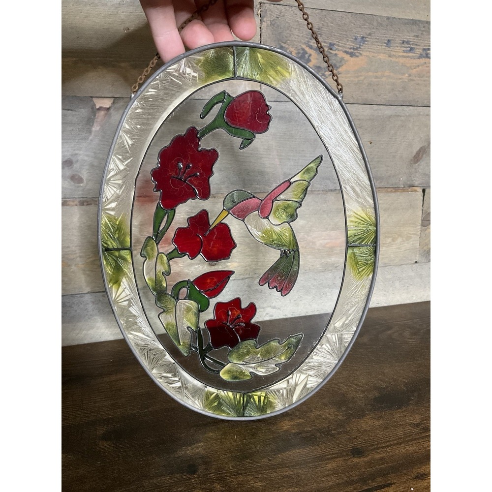 Vintage Stained Glass Hummingbird and Red Flowers Oval Suncatcher 9" x 6.5"